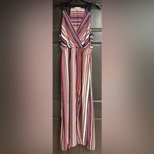 Monteau Halter Maxi Dress Size XL Slip Lining Muli Stripe Pattern Shades of Pink